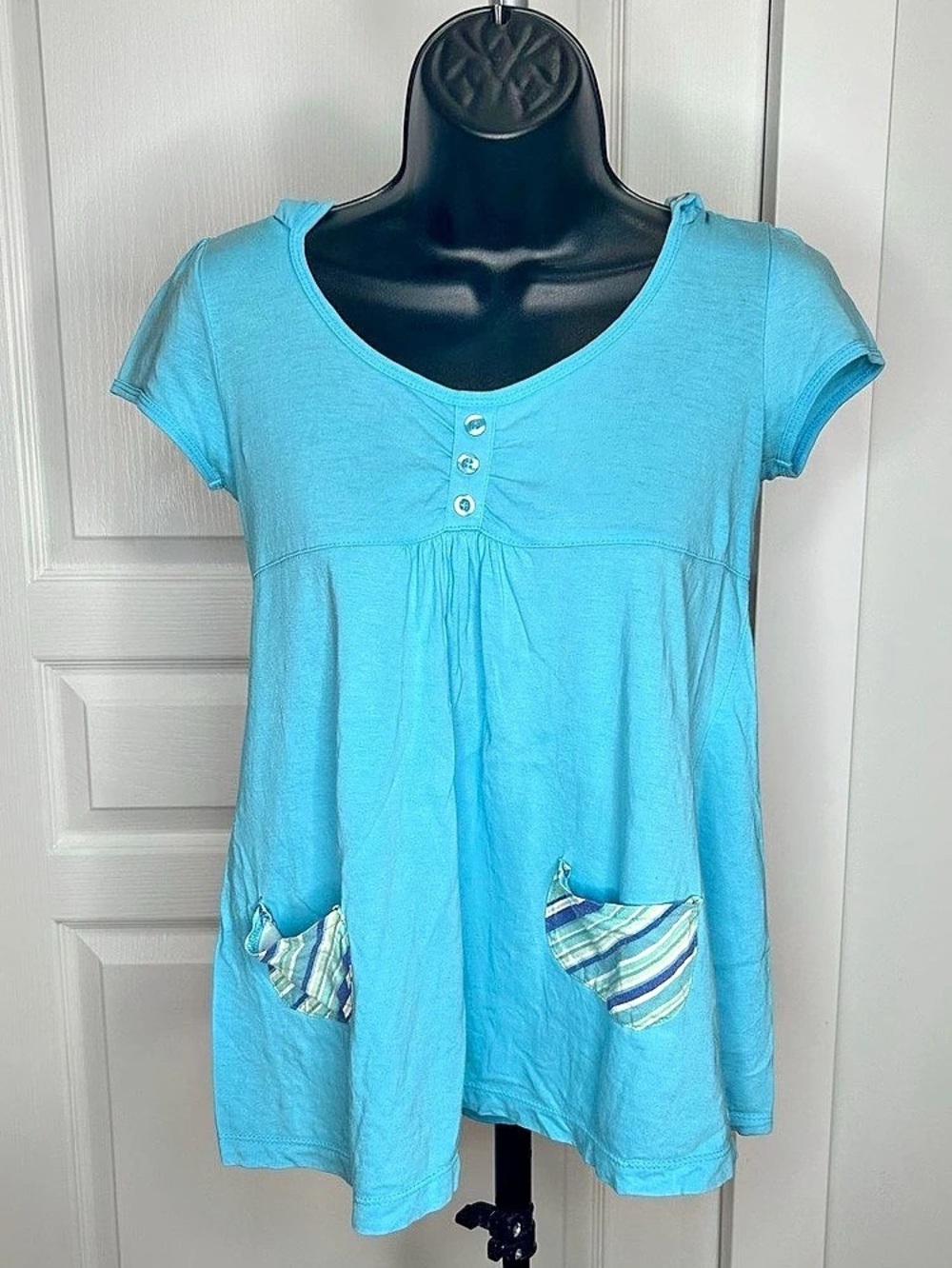 Blue babydoll top with striped pockets & hood